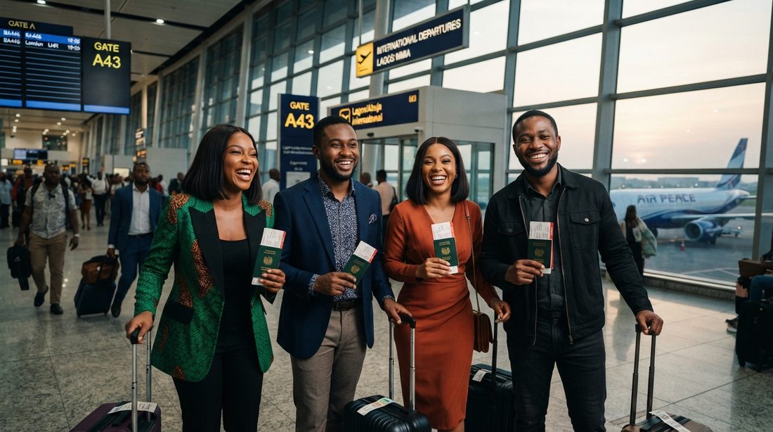 Candidates with passports and boarding passes, departing for placements overseas