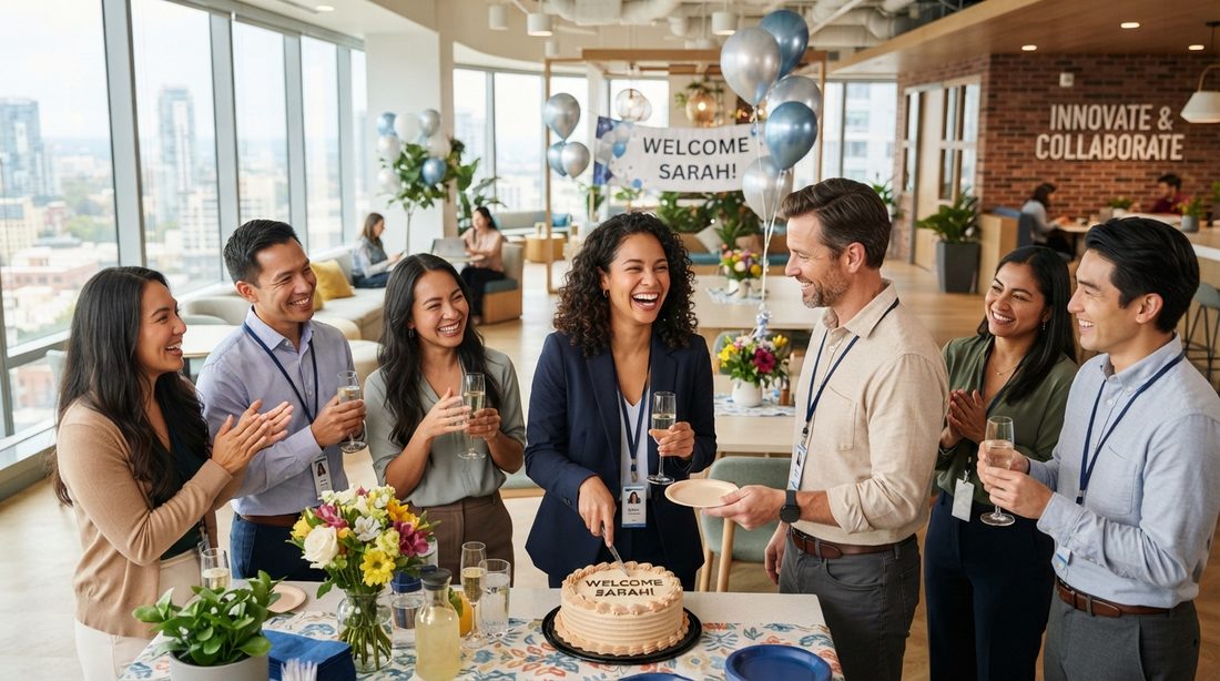 Colleagues welcoming a newly arrived hire on their first day at an Australian workplace