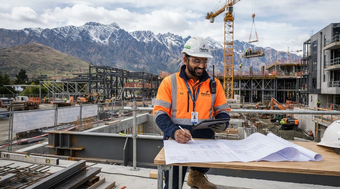A site engineer placed by Empres reviewing drawings on a New Zealand construction project