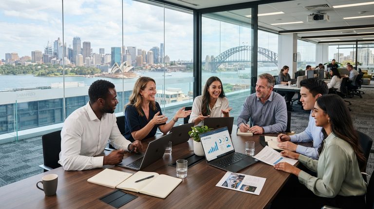 A workplace meeting in a Sydney office overlooking the harbour